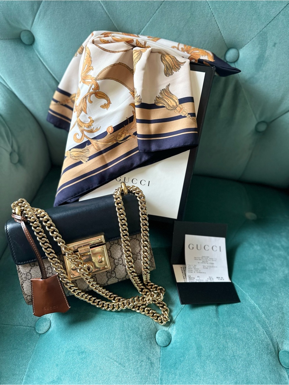 Gucci Black Leather Shoulder Bag with Beige Monogram and Gold Hardware